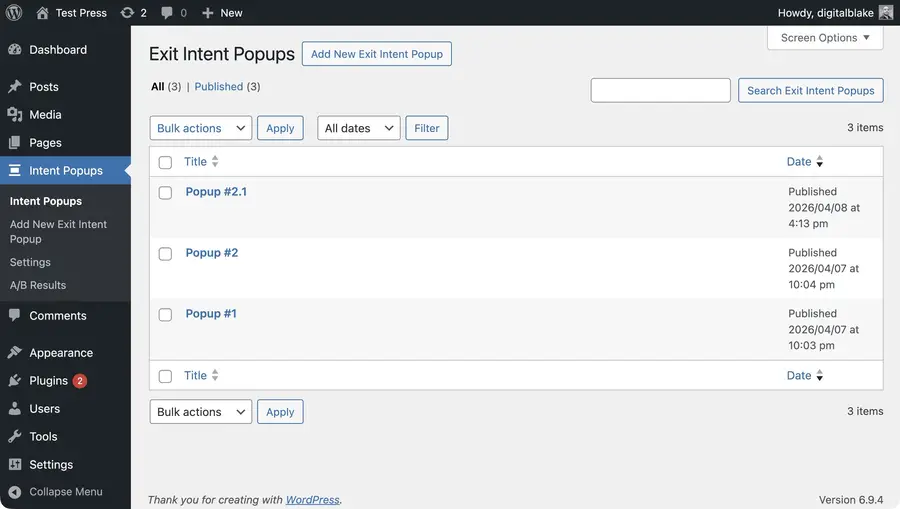 Exit intent popup admin listing UI